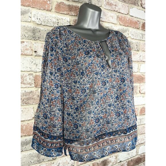 Joie 100% Silk Blue Pink Floral Printed Plunge Neck Boho Tunic Top Size M - Picture 2 of 10